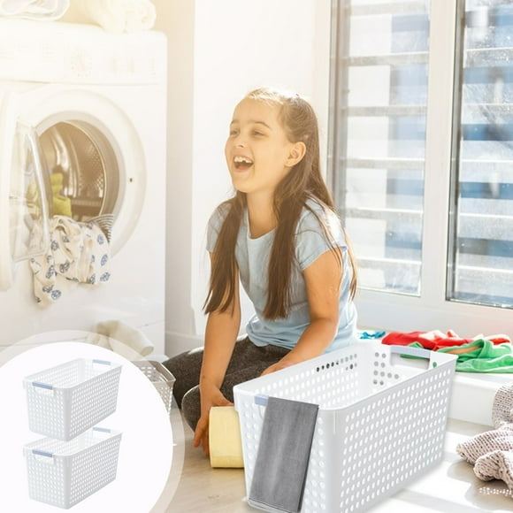 Fridja 2Pcs Plastic Laundry Basket with Handle, Open Storage Bin to Organize Closets, Cabinets, Pantry, Shelving and Countertop Space for Families And Dorms-Can Also Organize Toys, White