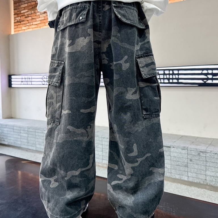 Xijirk Boys Print Cargo Pants Elastic Waist Wide Leg Trousers