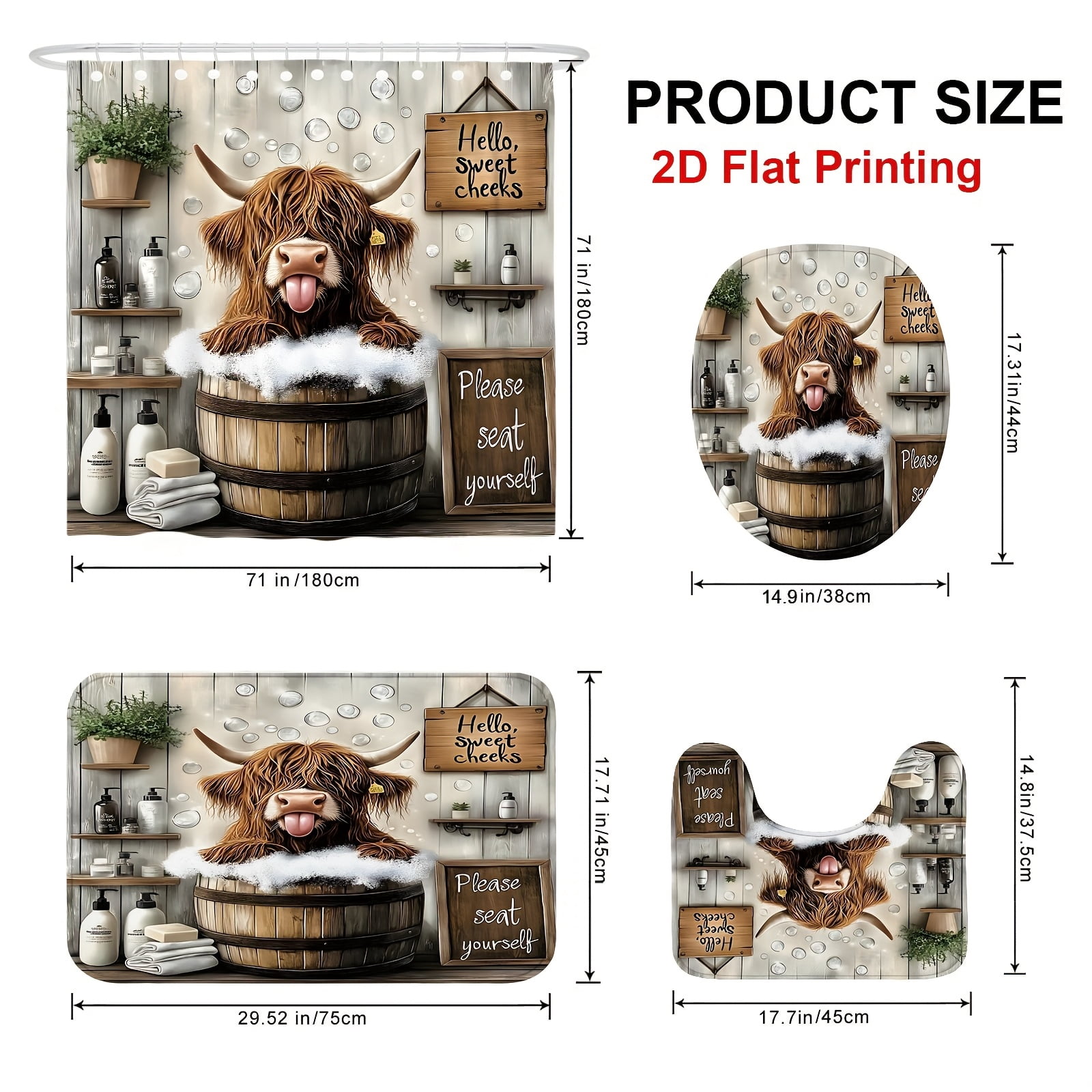 4 Piece Funny Highland Cow Shower Curtain Set - Farmhouse Woodland Bathroom Decor - Washable Fabric Curtain - Rugs and Cover