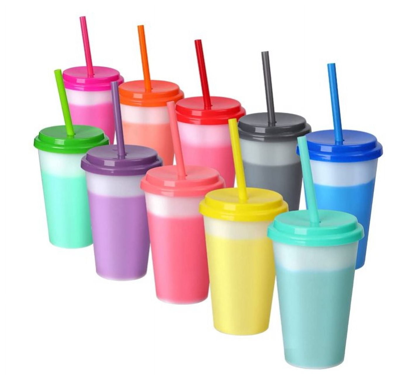 Youngever 7 Sets Plastic Kids Cups with Lids and Straws, 7 Reusable Toddler Cups with Straws in 7 Pink Colors