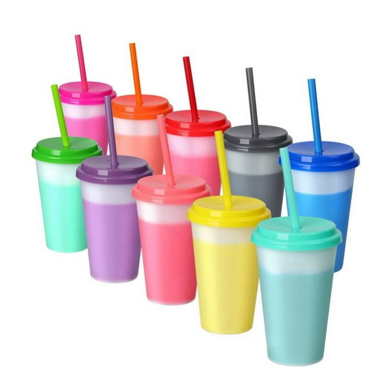 Plastic Kids Cups with Lids and Straws - 10 Pack 12 oz Reusable Tumbler with Straw | Color Changing Cup with Lid Adults Bulk Travel Tumblers Drinking