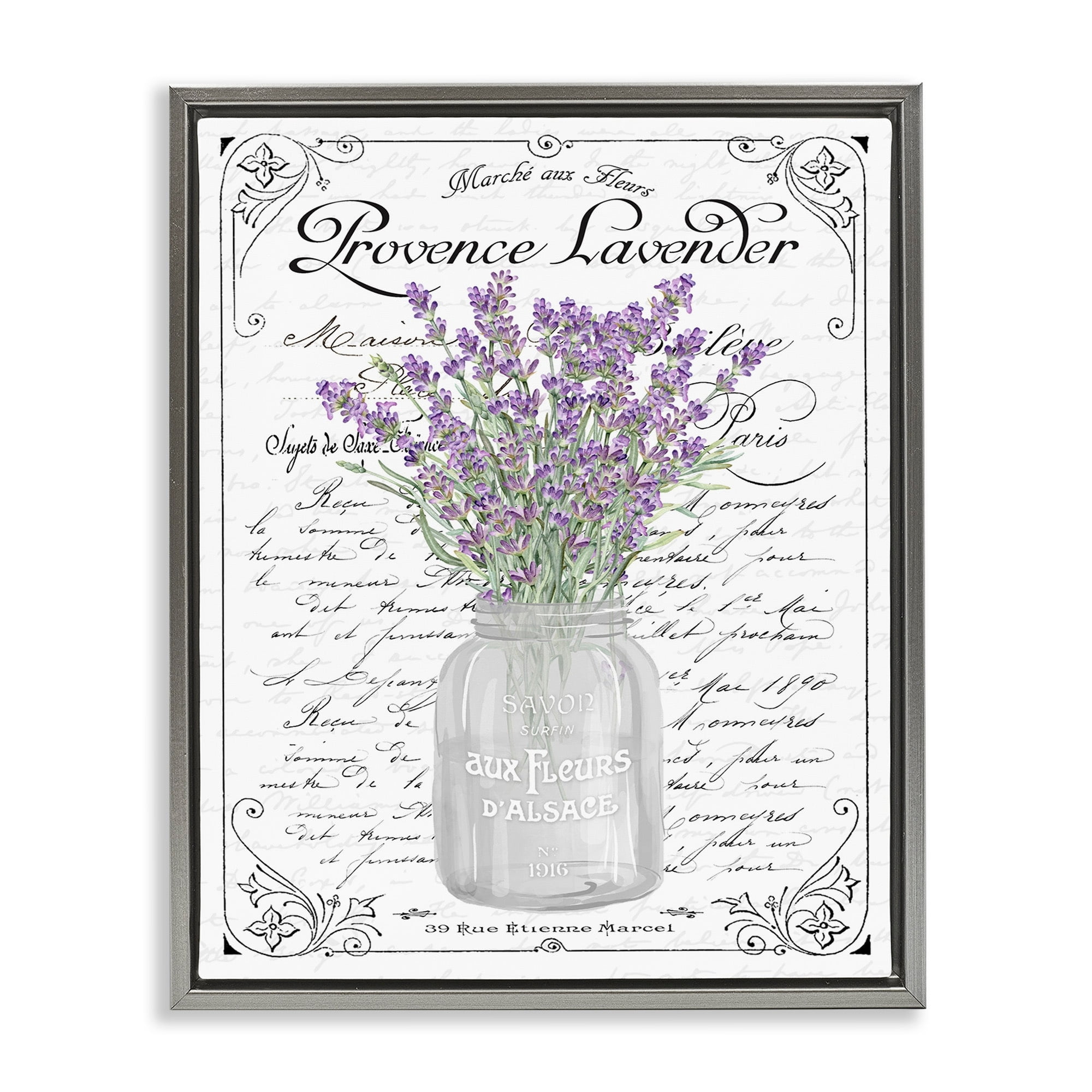 Stupell Industries Lavender Sprigs Bouquet Ornate French Script Motif Graphic Art Luster Gray Floating Framed Canvas Print Wall Art, Design by Lettered and Lined