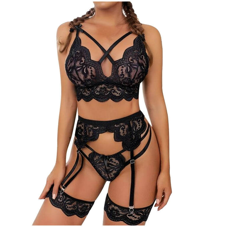 Sexy Garter Lingerie Set Female Three-Pieces Garters Bra Panties Suit Lace  Solid Push Up 3/4 Cup Underwire Underwear For Women