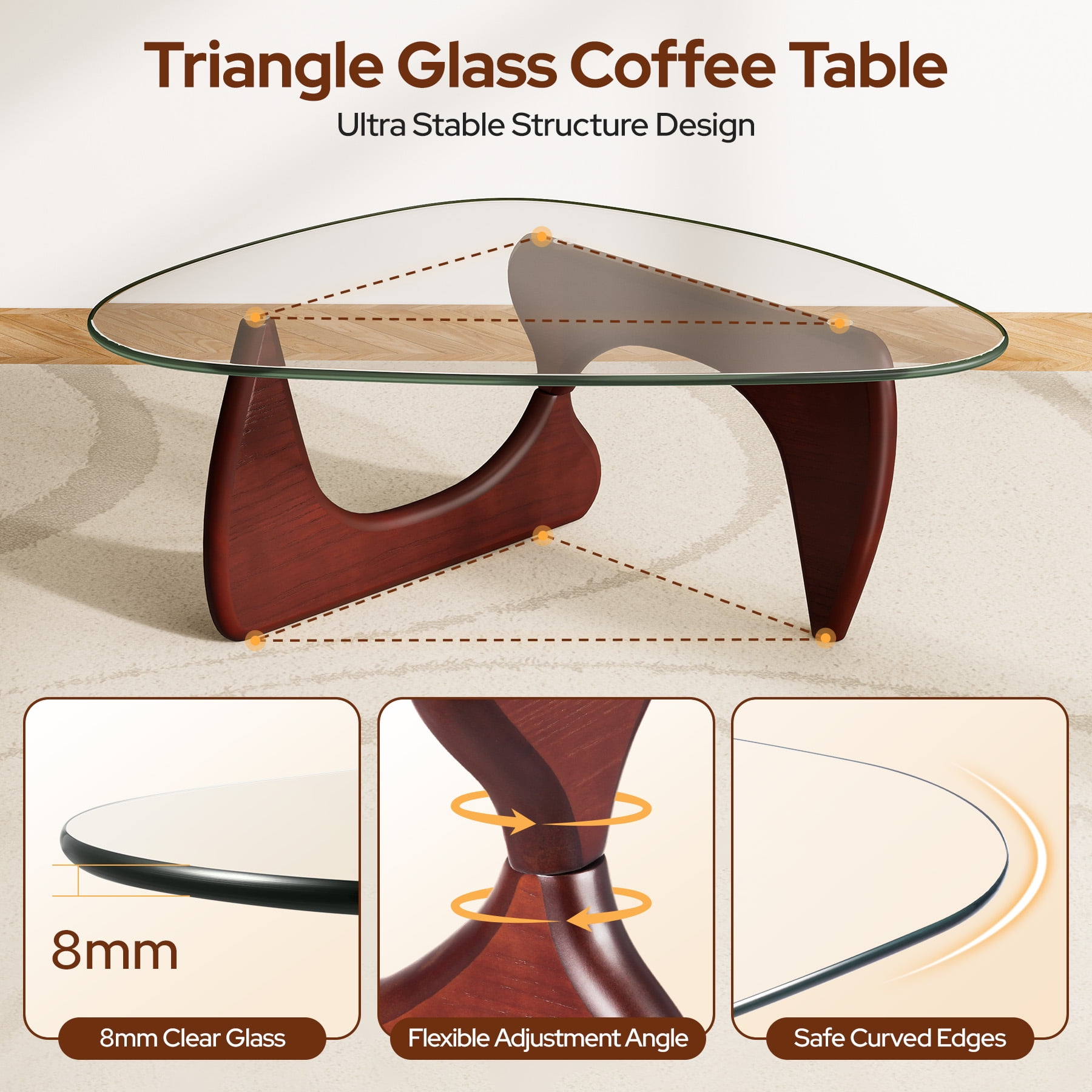 Modern Glass Coffee Table for Living Room for Bedroom Living Room, Office, Dark Walnut, 35"