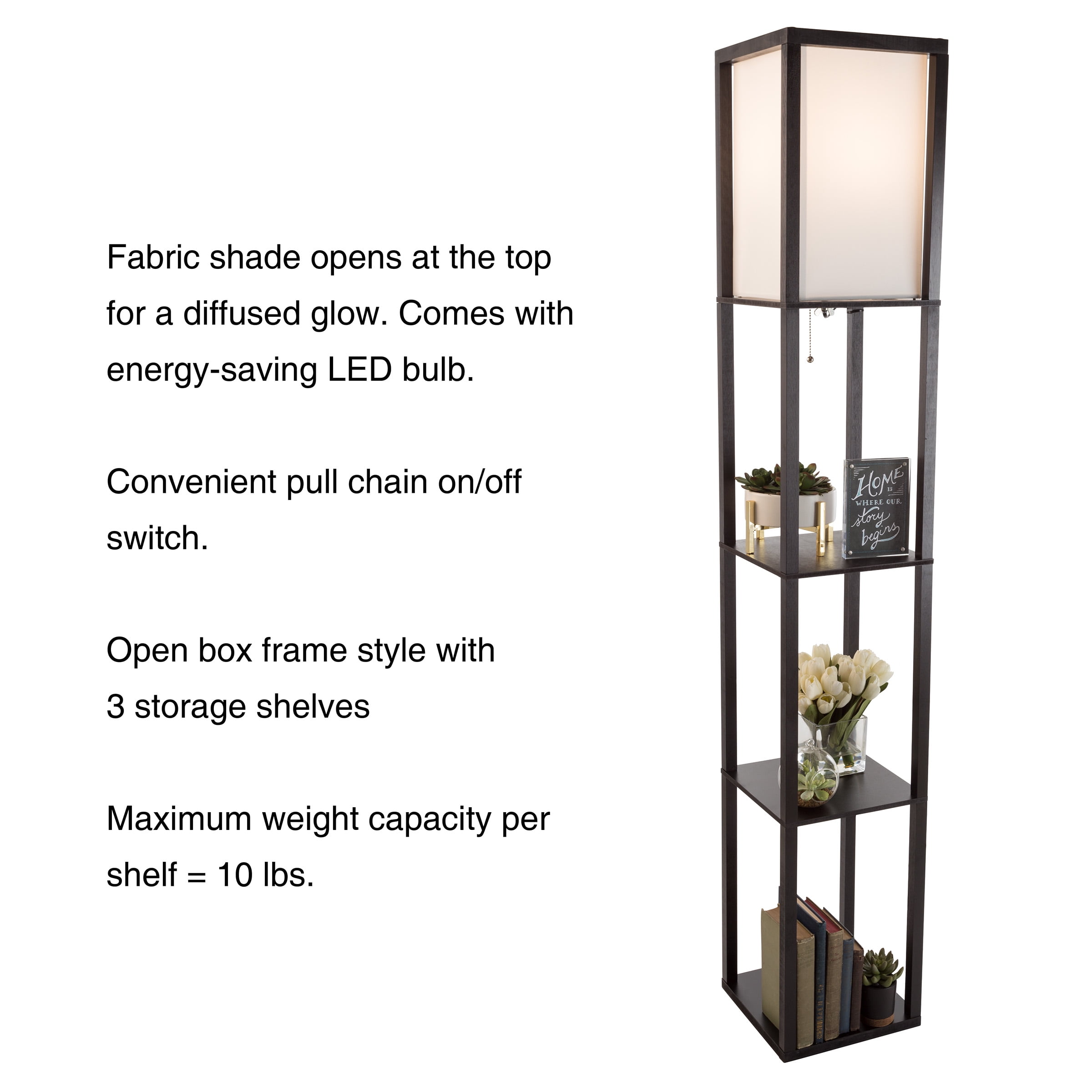 Lavish Home Etagere LED Floor Lamp with 3 Tiers of Storage Shelving, Black
