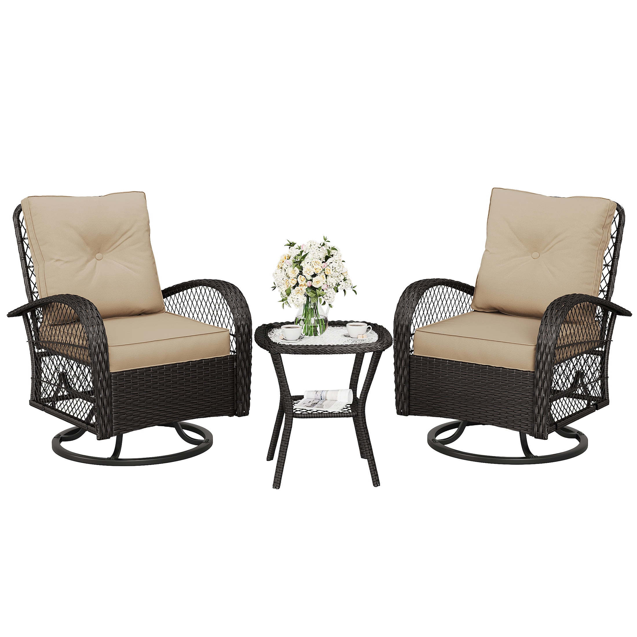 Techmilly 3 Pieces Patio Furniture Set, Outdoor Swivel Gliders Rocker, Glass Top Side Table  (Khaki)