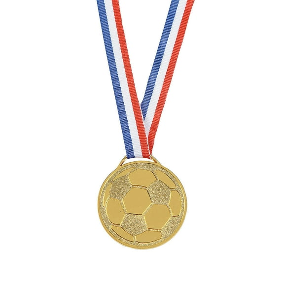 Fun Express 2" x 2 1/4" Goldtone Soccer Ball Medals with Red, White & Blue Ribbon - 12 Pieces