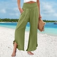 thumbnail image 2 of Womens Wide Leg Pants BWASD Fashion Elegant Cotton Linen Ruffled Trim Elastic Waist Vacation Trousers Flowy Palazzo Pants with Pockets Comfortable Beach Trousers 2044 (Green,L), 2 of 9