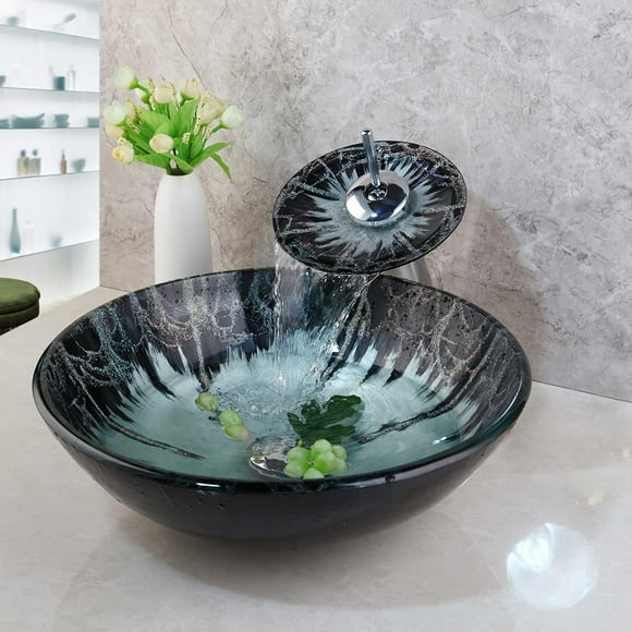 GLOBAOSALU Green Glass Vessel Sink With Faucet And Pop-Up Drain Combo 17 Inch Round Tempered Glass Basin Bathroom Bowl Sinks Above Counter Sink Bowls For Small Vanities Top Mount Easy Installation