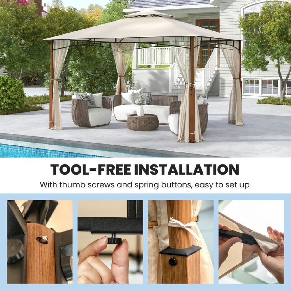 Spaco Outdoor Gazebo,Patios Gazebos,12 x 10 Feet Outdoor Patio Gazebo with Netting and 2-Tier Canopy Roof-Beige