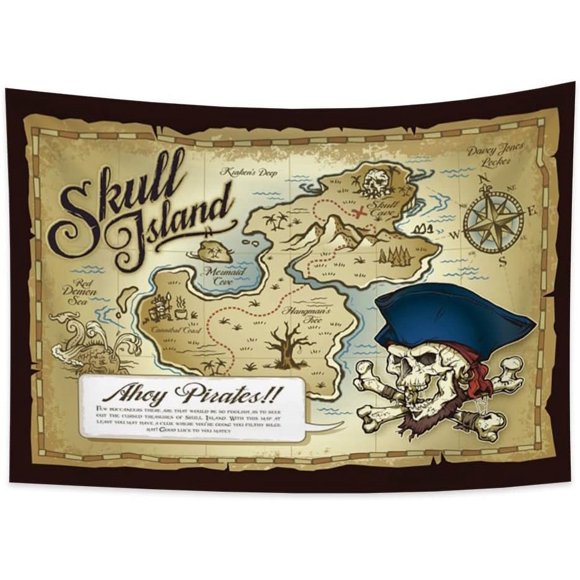 World Map Tapestry, Treasure Map Skull Island Mountain Coconut Tree Forest