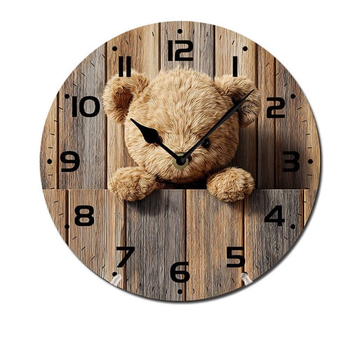 ZXCXRQFa Cute Bear Wall-Clock for Girls Bedroom Analog Battery Operated 10 Inch - Round Wood Wall Clock Silent Non-Ticking Bathroom Bedroom Decor
