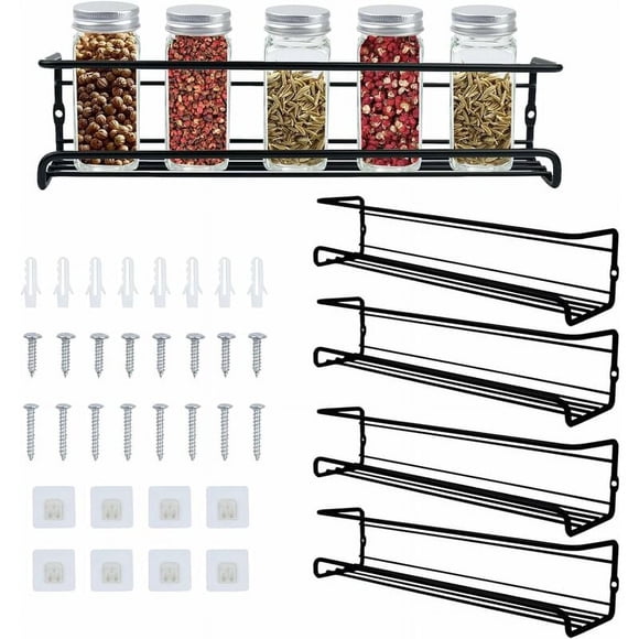 Wall Mounted Spice Rack, Space-Saving Organizer, Flexible Installation Options for Any Kitchen Cabinet or Pantry Door (4PCS)