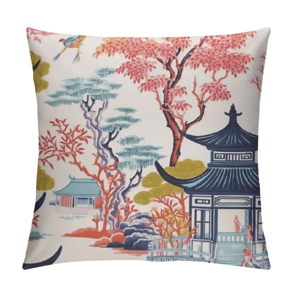JRXY Chinoiserie Cushion Cover Pagoda Pillow Cover White Coral Blue Pillowcase Chinoiserie Chic Asian Pillow Farmhouse Home Decorative Pillows Couch Living Room Housewarming Gift