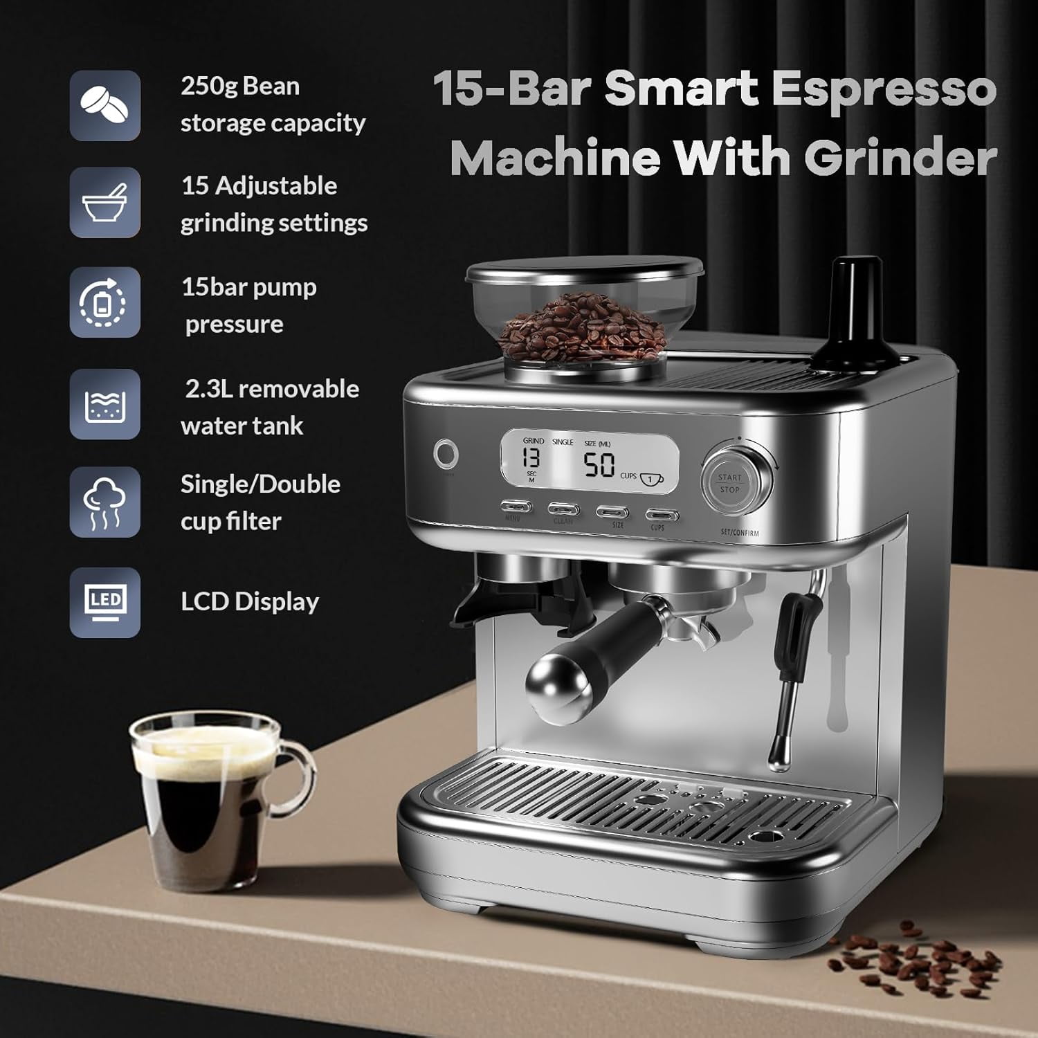 Litake Espresso Machine with Grinder, Professional Coffee and Espresso Maker Combo, Stainless Steel Cafe Espresso Machine with Steam Wand Barista Kit for Cappuccino Latte