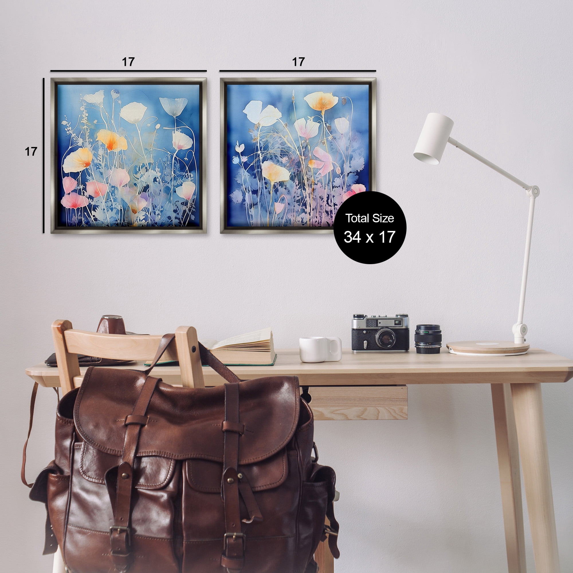 Stupell Industries Abstract Poppies on Blue Botanical & Floral Painting Gray Floater Framed Canvas Art Print Wall Art, 18 x 18, Set of 2