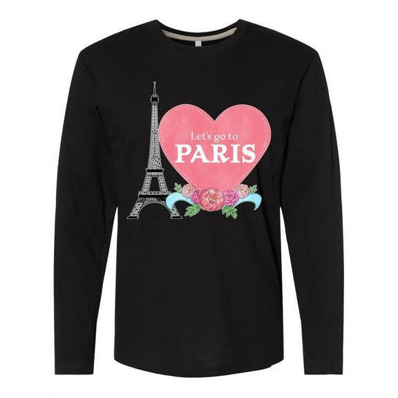 Inktastic Let's Go to Paris with Pink Heart and Eiffel Tower Long Sleeve T-Shirt