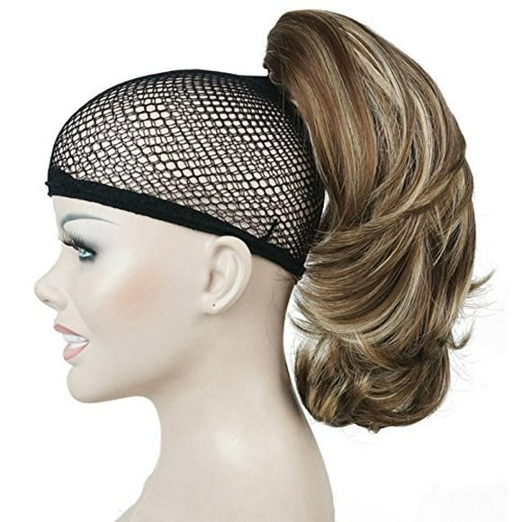 Lydell - Extensión de pelo sintético con clip para cola de caballo, 30,58 cm, doble uso, recto, rizado, 4.29 oz con clip de mandíbula/garra (12TT26 marrón claro con reflejos)
