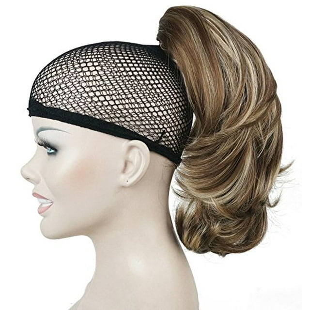 Lydell - Extensión de pelo sintético con clip para cola de caballo, 30,58 cm, doble uso, recto, rizado, 4.29 oz con clip de mandíbula/garra (12TT26 marrón claro con reflejos)