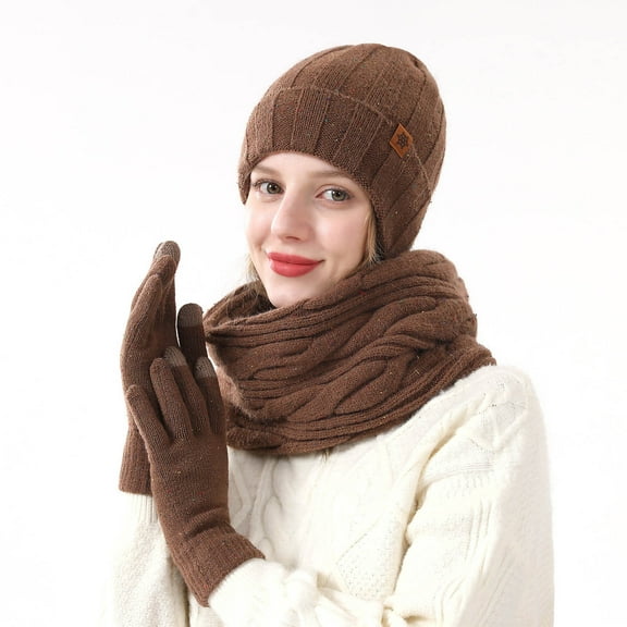 SYMOID Womens Coffee Wool Winter 3-Piece Set - Knit Hat, Scarf & Touchscreen Gloves, Warm for Daily Commute/Outdoor Use,Size Free Size