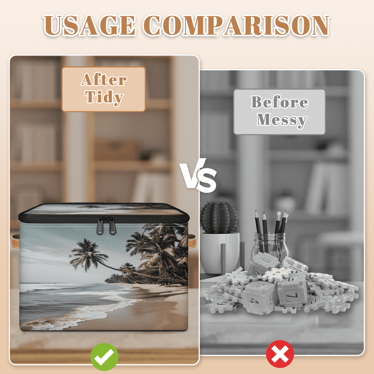 CURLYOOT Beach Fabric Storage Bins with Lids, Hawaiian Palm Trees Foldable Storage Boxes Washable Storage Cube, Closet Bedroom Home Organizer Containers with PU Leather Handles