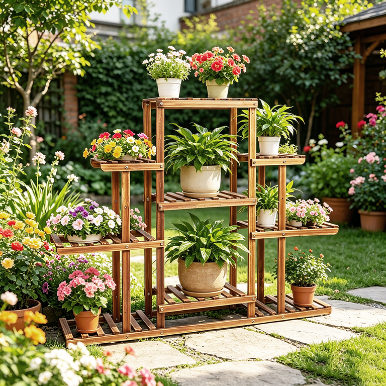 Wisfor 9 Tier Large Carbonized Wood Plant Stand, 45.3x9.8x38 inch