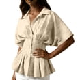 thumbnail image 2 of SSZMDLB Women Collared Short Sleeve Button Down Pleated Peplum Top Casual Blouse Solid Basic Shirt Office Outfits Summer Work Tops, Yellow S, 2 of 7