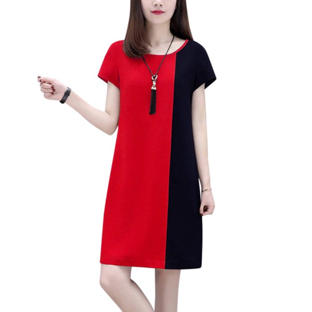 Robe d'Été Ample pour Femme Grande Taille à Empiècements à Manches Courtes à Col Rond