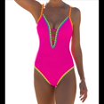 thumbnail image 2 of Traje de Baño de una Pieza para Mujer, con Control de Abdomen, Escote en V Profundo, Neón, Traje de Baño con Lazo en la Espalda, Verano 2025. Rosa Roja M, 2 of 8