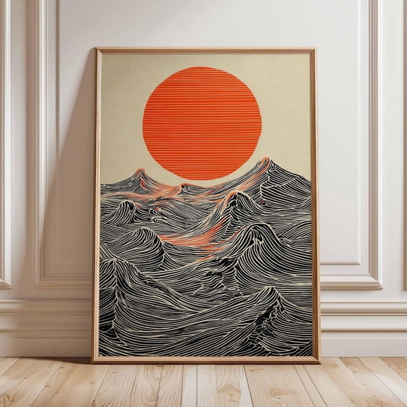 Sun And Waves Wall Art Print – Modern Minimalist Ocean Poster, Abstract Japanese Style Artwork, Bold Contemporary, Home Decor, Unfreamed 8x12