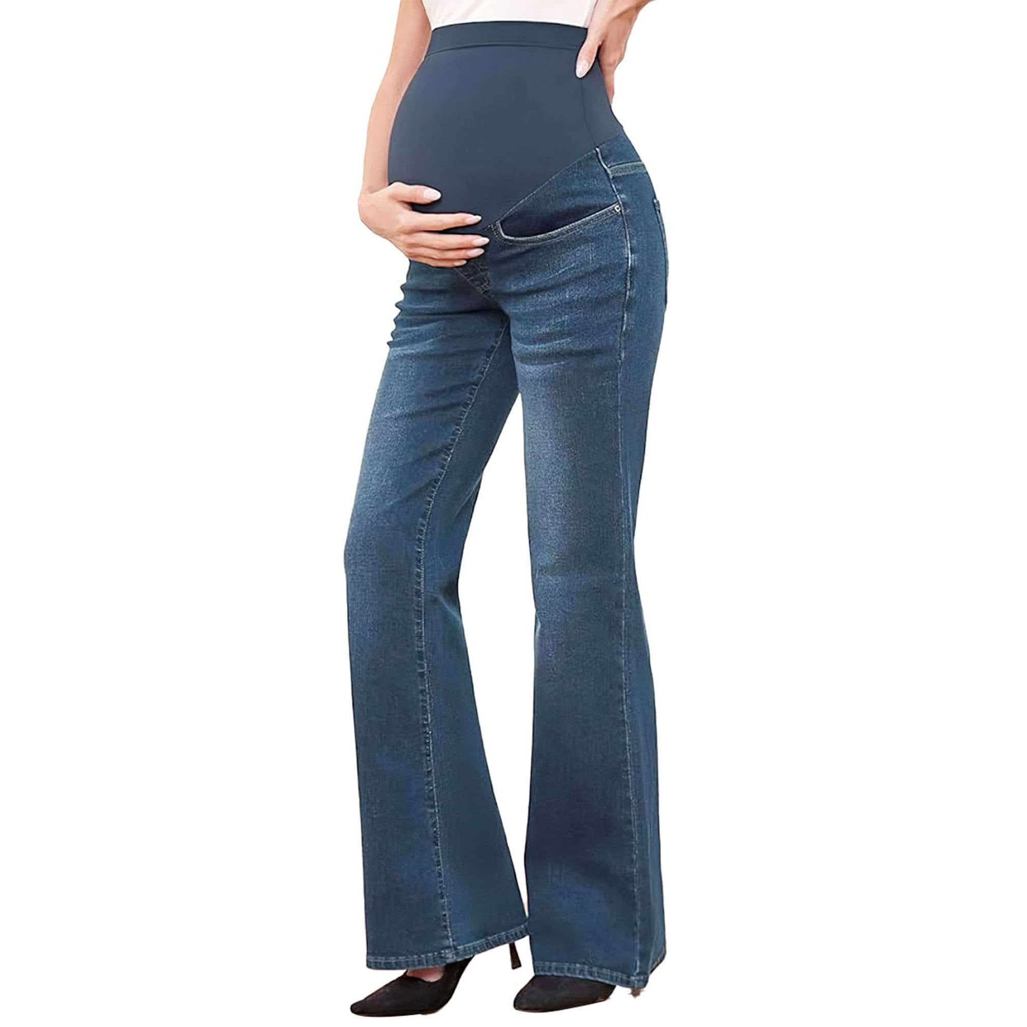 Deago Women's Stretch Maternity Bootcut Jeans with Pockets Over The Belly Bell Bottoms Flare Denim Pants Pregnancy Clothes (Dark Blue, S)