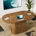 thumbnail image 2 of Tribesigns Oval Conference Table 47.24 Inches for 4 People, Rustic Wood Meeting Table with Polygon Base, Small Office Desk for Break Room, Seminar, Brown, 2 of 9