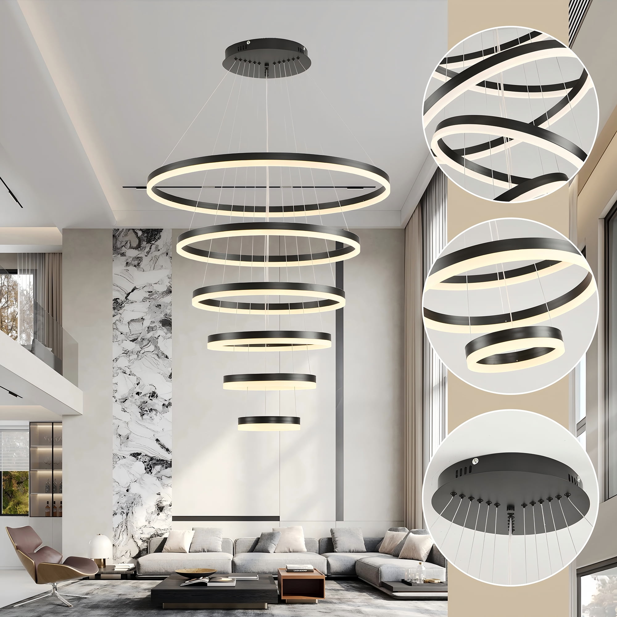 Modern 6-Ring LED Chandelier for High Ceilings, Adjustable Black Pendant Light with Remote, Dimmable Flush Mount Fixture for Foyer, Entryway, Living Room Dining Room