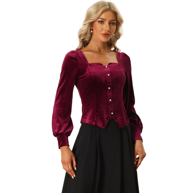 Top de terciopelo vintage para mujer Blusa informal con cuello en forma de corazón y cintura ceñida borgoña XL