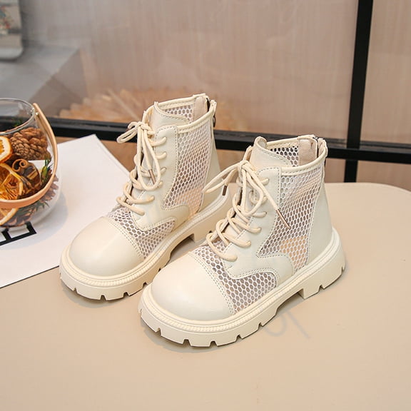 Girls Ankle Boots Mesh Lace Up Back Zipper Booties Kids Summer Hollow Out Breathable Soft Sole Boots White 3 Big Kids