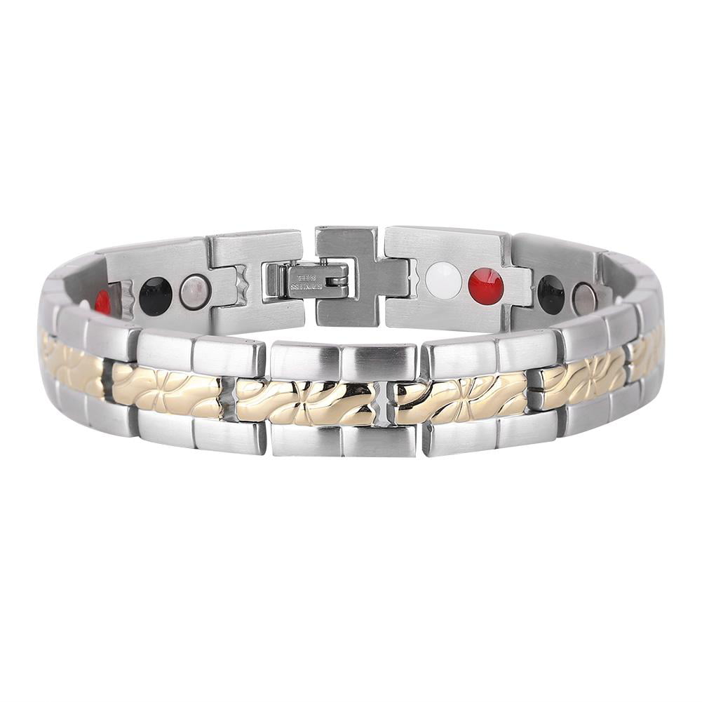 Mens Titanium Healthy Magnetic Therapy Link Bracelet Two Tone Gold Plated Edge 