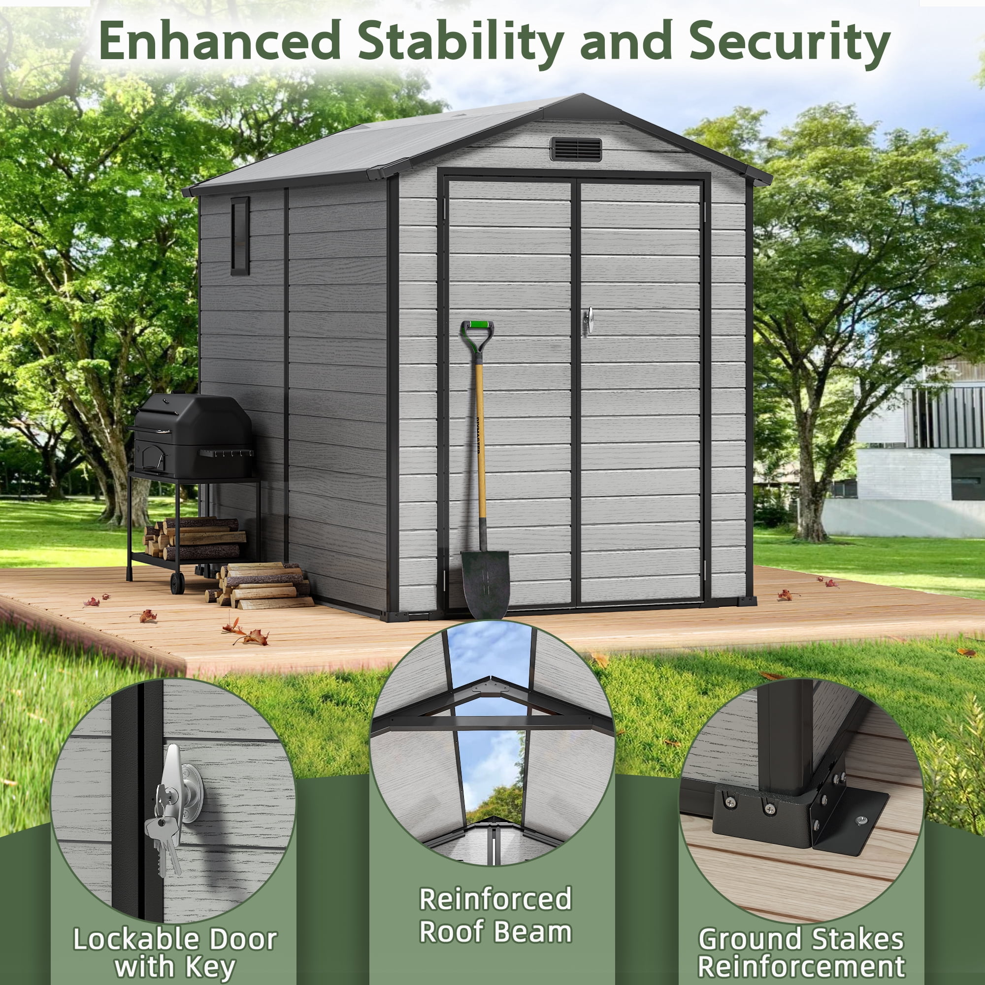 Sylviera 6x8FT Resin Outdoor Storage Shed with Floor, All-Weather Waterproof Plastic Garden Shed for Backyard, Heavy-Duty Storage Shed for Tools, Bikes & Lawn Equipment