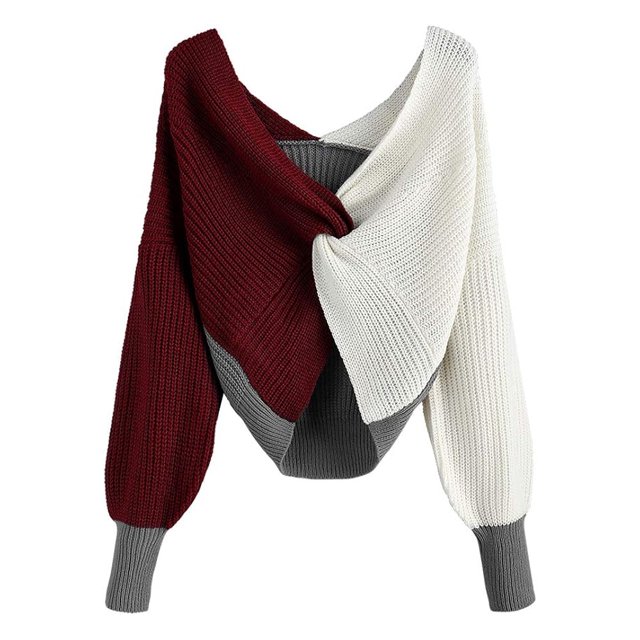 Suéter de mujer, elegante cuello en V, suéter de punto con bloques de color, tops cortos sexys para invierno