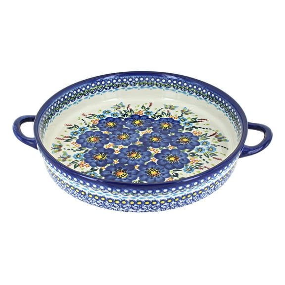 Blue Rose Polish Pottery Garden of Blue Large Round Baker with Handles