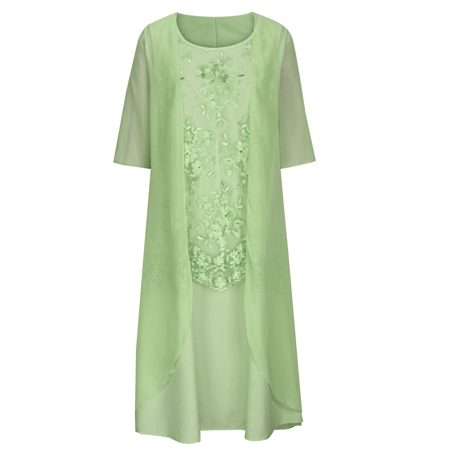 Dezsed Dresses for Women Wedding Guest Elegant Party Dress Floral Print Plus Size Crewneck Flowy Dress 2 Piece Clothing Set X-Green M