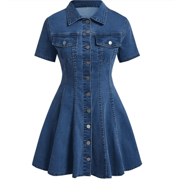 Summer Denim Dress Short Sleeves for Women Button Down Babydoll Sundress Jean Dress with Pockets Vacation