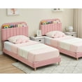 thumbnail image 5 of Twin Bed Frame with Storage Headboard, Velvet Upholstered Platform Bedframe Bed, Strong Wooden Slats, Noise-Free, Easy Assembly, No Box Spring Needed, Light Pink, 5 of 7