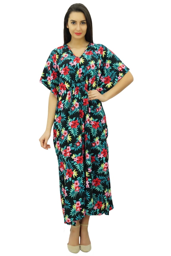 Womens Long Maxi Kaftan Floral Printed Caftan With Smocked Waist Sleepwear