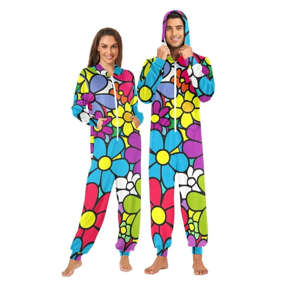 Colorful Floral Explosion Adult onesie Pajamas, Crystal Velvet Ultra Soft Warm Jumpsuit for Men and Women