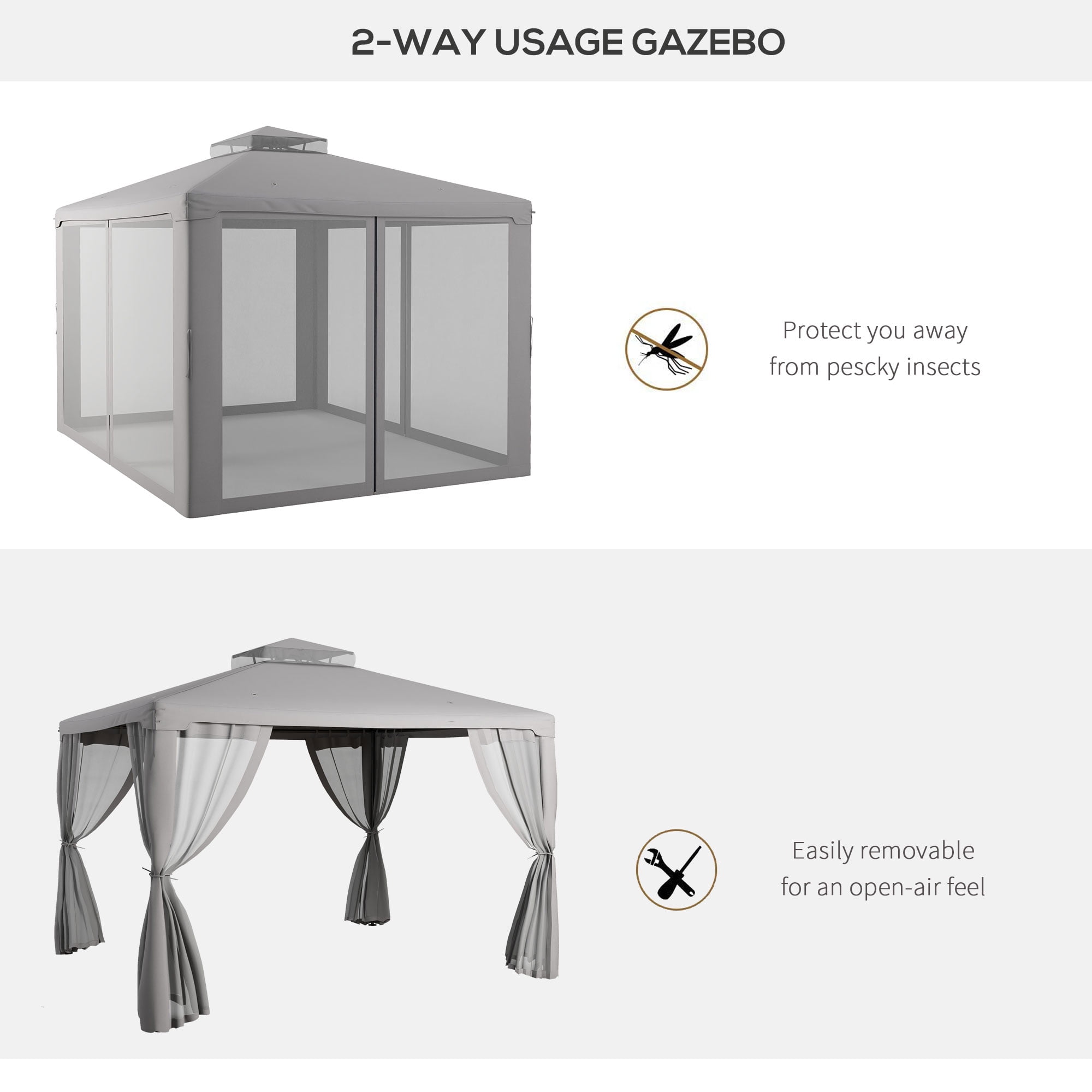 Outsunny 9.6' x 11.6' Patio Gazebo, Steel Frame, Polyester Roof, Outdoor Canopy Shelter, Gray