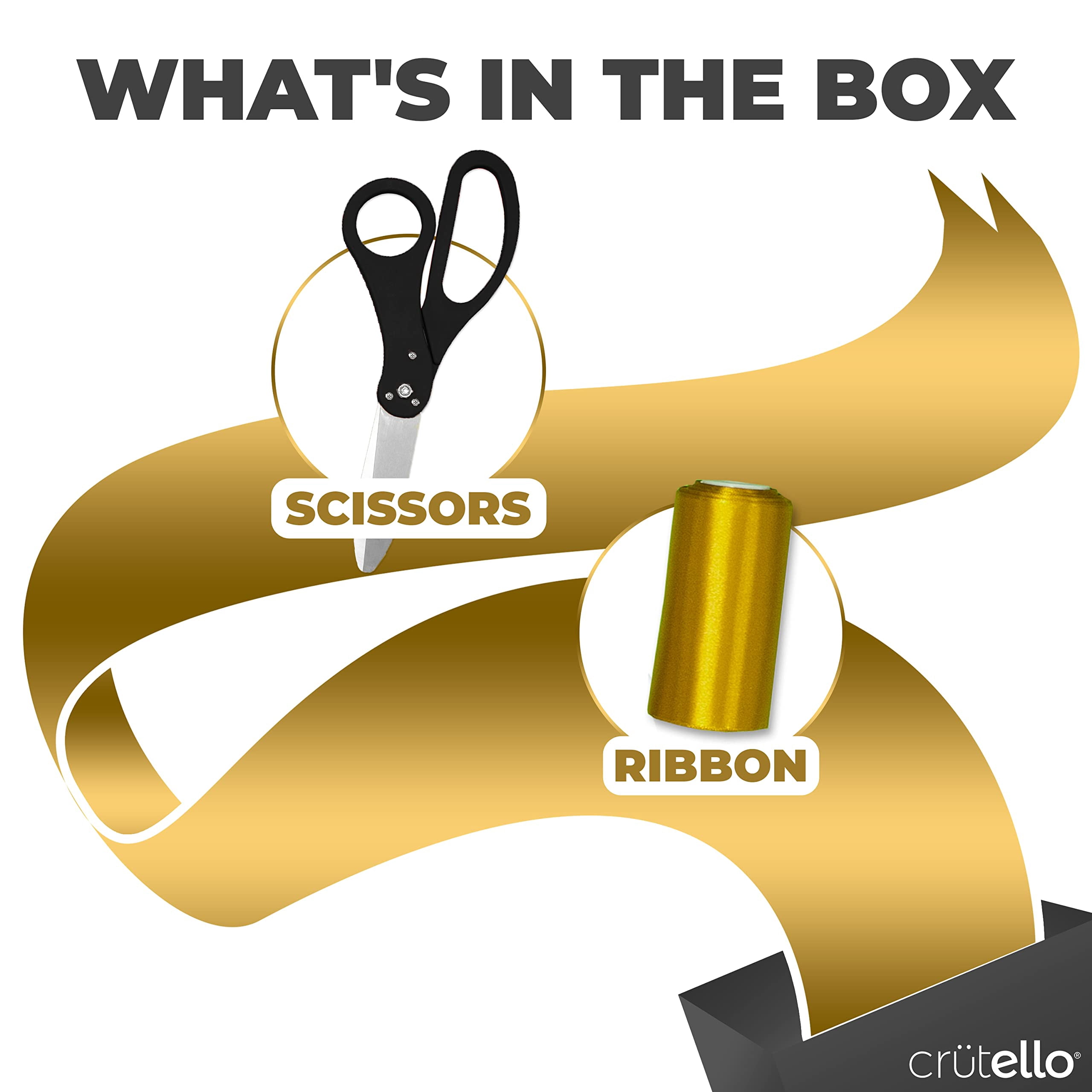 Crutello Giant Ribbon Cutting Ceremony Kit 20" Giant Scissor Set with Sharp, Black Handled Durable XL Scissors, and 30 Feet of Oversized 4" Wide Gold Ribbon