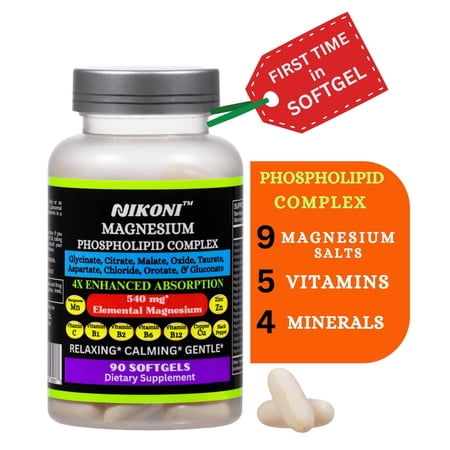 Nikoni Magnesium Complex 9 Forms with B-Vitamins and Minerals Bone Muscle Relaxation Support Gluten-Free Softgels 90 Count