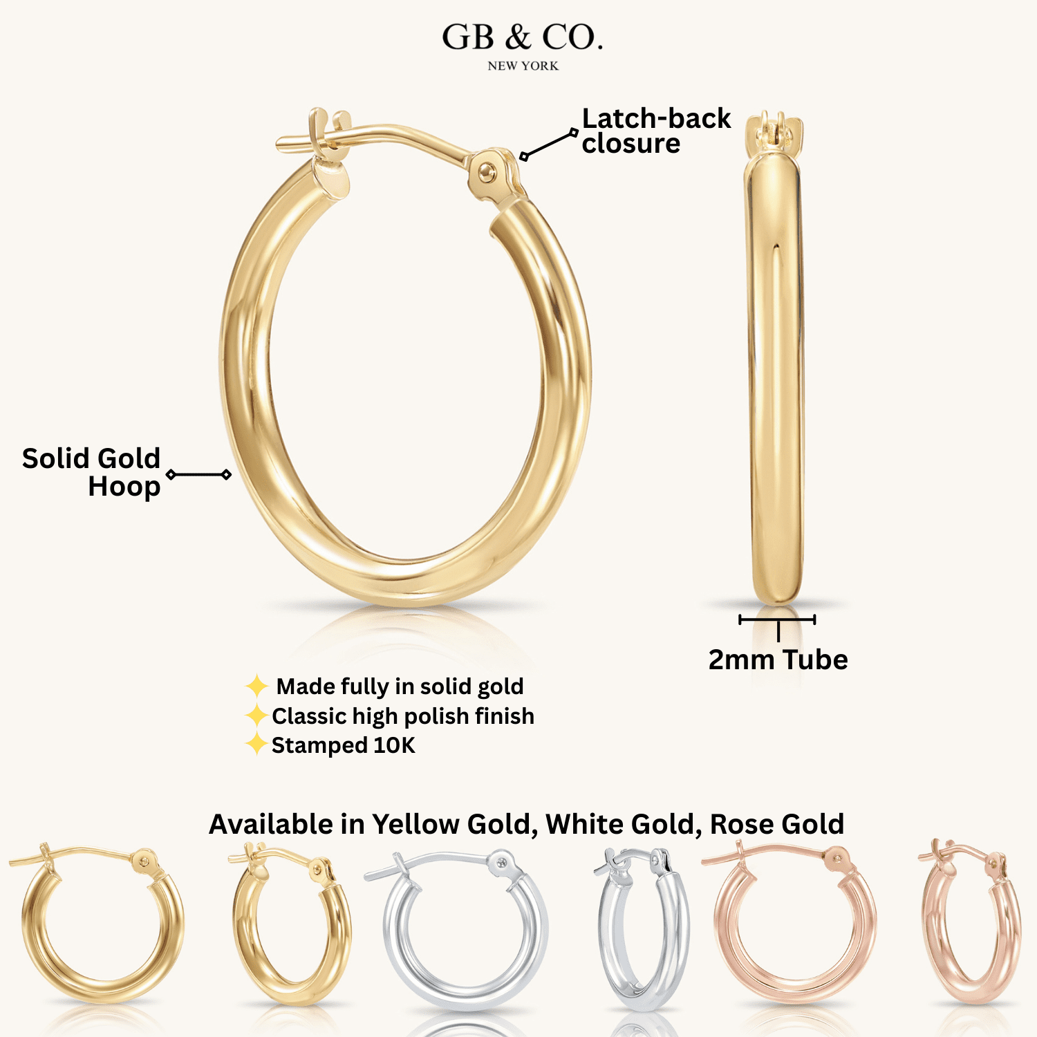 10K Yellow Gold Classic Round Hoop Earrings | 13mm | Everyday Hoop Earrings | Great for Women and Men | GB Jewelry & Co.
