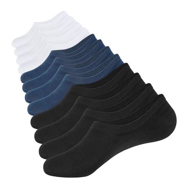 set de 12 pares de calcetines invisibles unisex, calcetas cortas en blanco, azul y negro alineadas en filas; vista 3/4 frontal que muestra la silueta baja y el borde elástico. Punto de algodón de 200 agujas con panel de malla superior visible y puntera lisa, cómodas para calzado deportivo o uso diario y que suelen usarse también para entrenamiento ligero.
