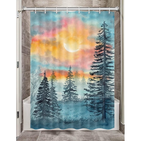 Watercolor Forest Camper RV Shower Curtain for Travel Trailers Bathroom, Blue and Grey Woodland Tree Country Camping Fabric Shower Curtains Set, Natural Landscape Decor Accessories with Hooks 47X64